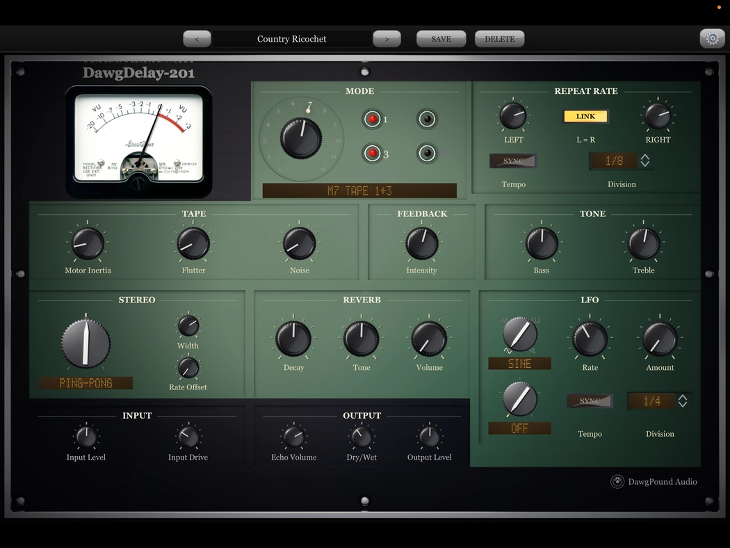 DawgDelay-201 tape echo plugin, green panel, showing the twelve-position mode selector, repeat rate, tape and spring reverb sections