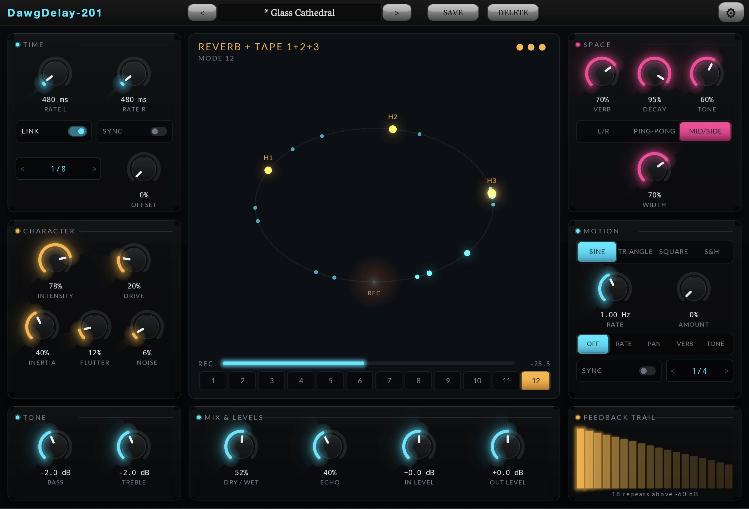 DawgDelay-201 tape echo plugin, Neon panel, showing the tape head orbit display, the twelve-position mode selector, and the time, character, space, motion, tone and mix sections