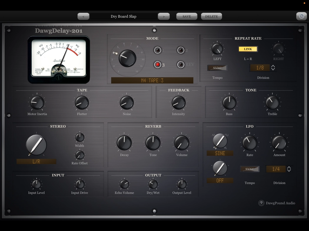 DawgDelay-201 tape echo plugin, graphite panel, showing the twelve-position mode selector, repeat rate, tape and spring reverb sections